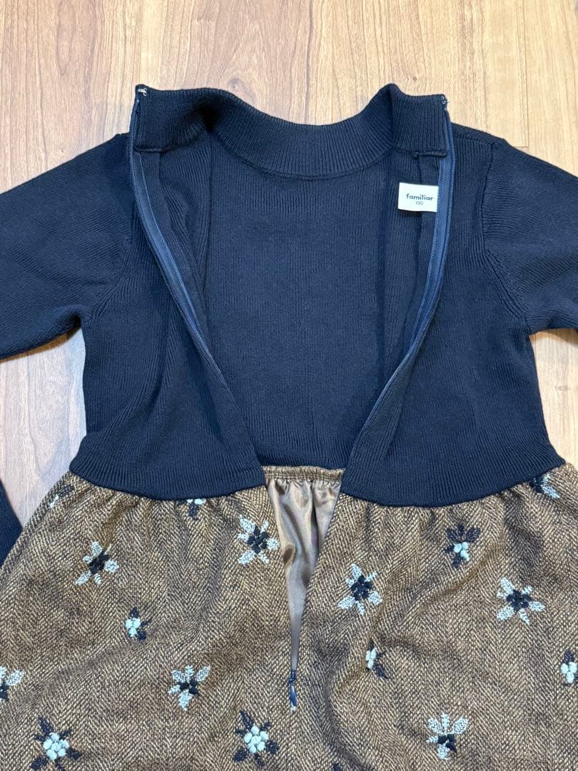 familiar フリルリボン付きハイネックワンピース 130cm 紺×茶　美品