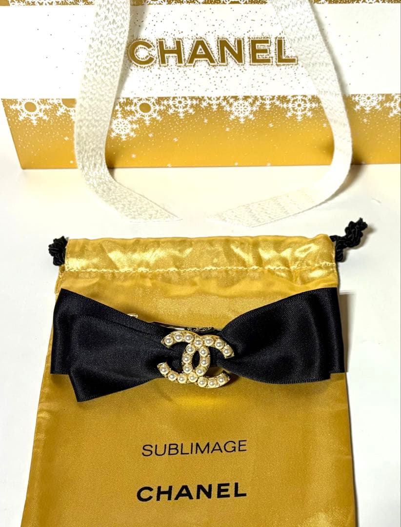 CHANELシャネル☆サテンリボンバレッタ・ココマークビーズ☆巾着ポーチボックス