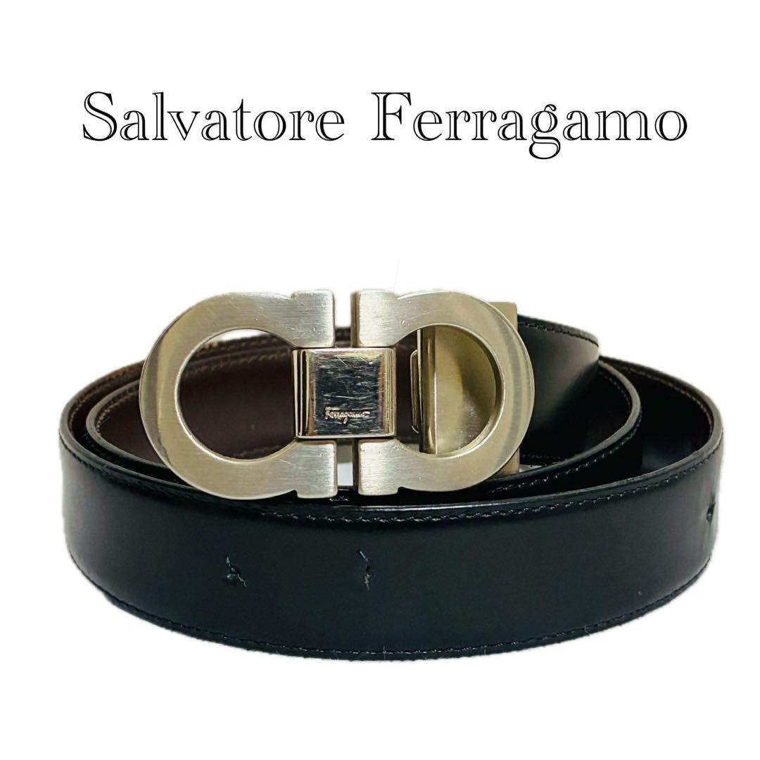 サルヴァトーレフェラガモ　レザーベルト ダブルガンチーニ　シルバー