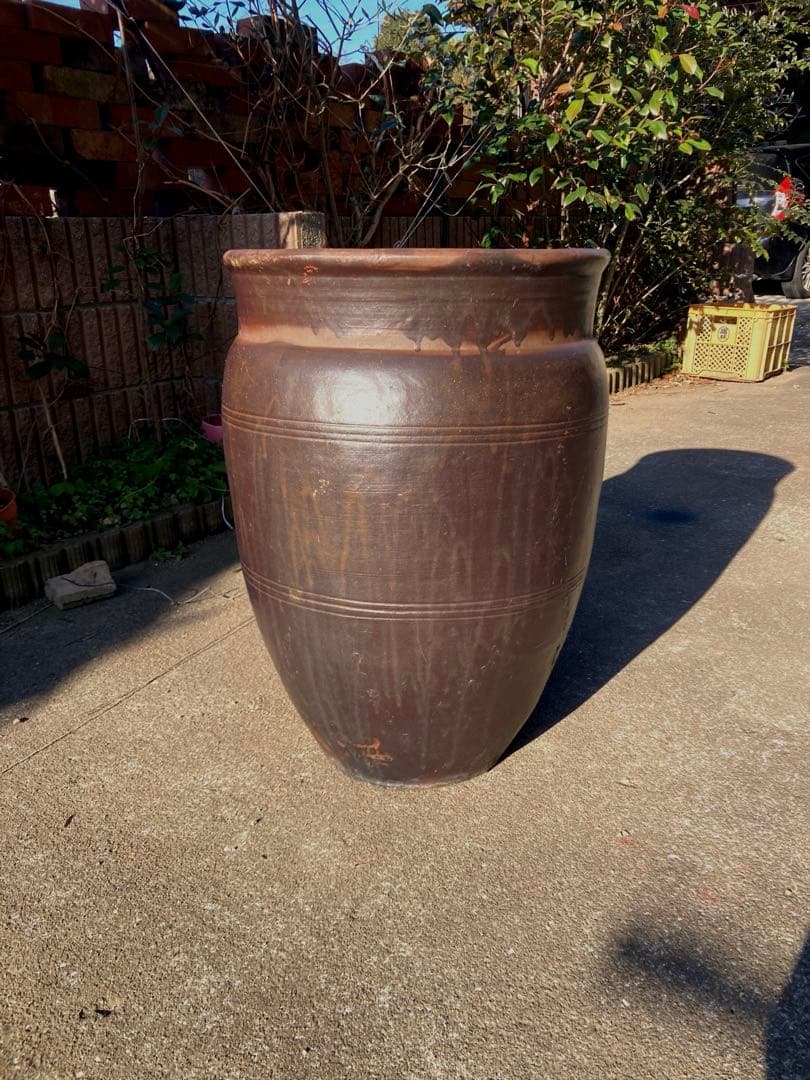 古道具 甕 昭和レトロ 陶器製 オブジェ 陶器製水鉢 ダークブラウン 約60cm
