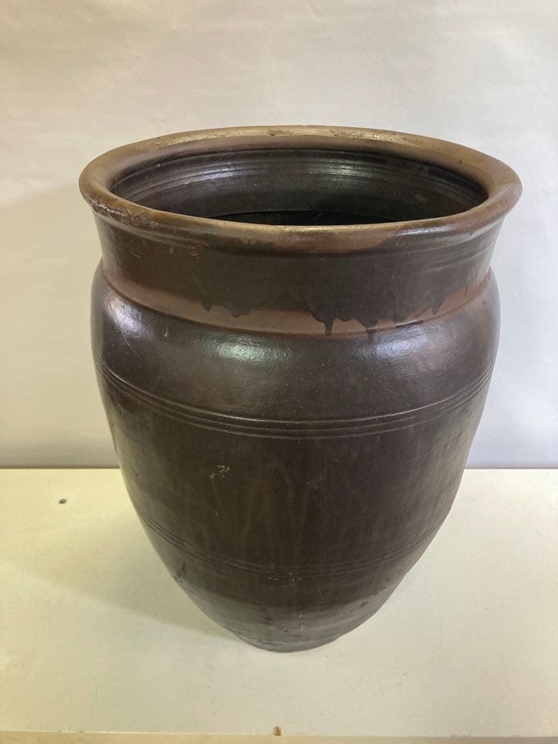 古道具 甕 昭和レトロ 陶器製 オブジェ 陶器製水鉢 ダークブラウン 約60cm