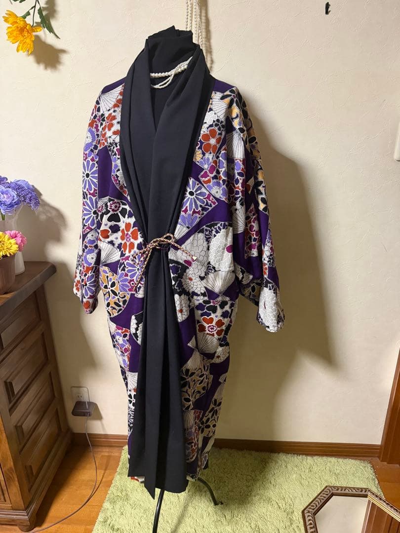 ソウソウ　羽織コート　梳毛×モスリン もじり袖 可逆　濡羽色×扇　着物みたい