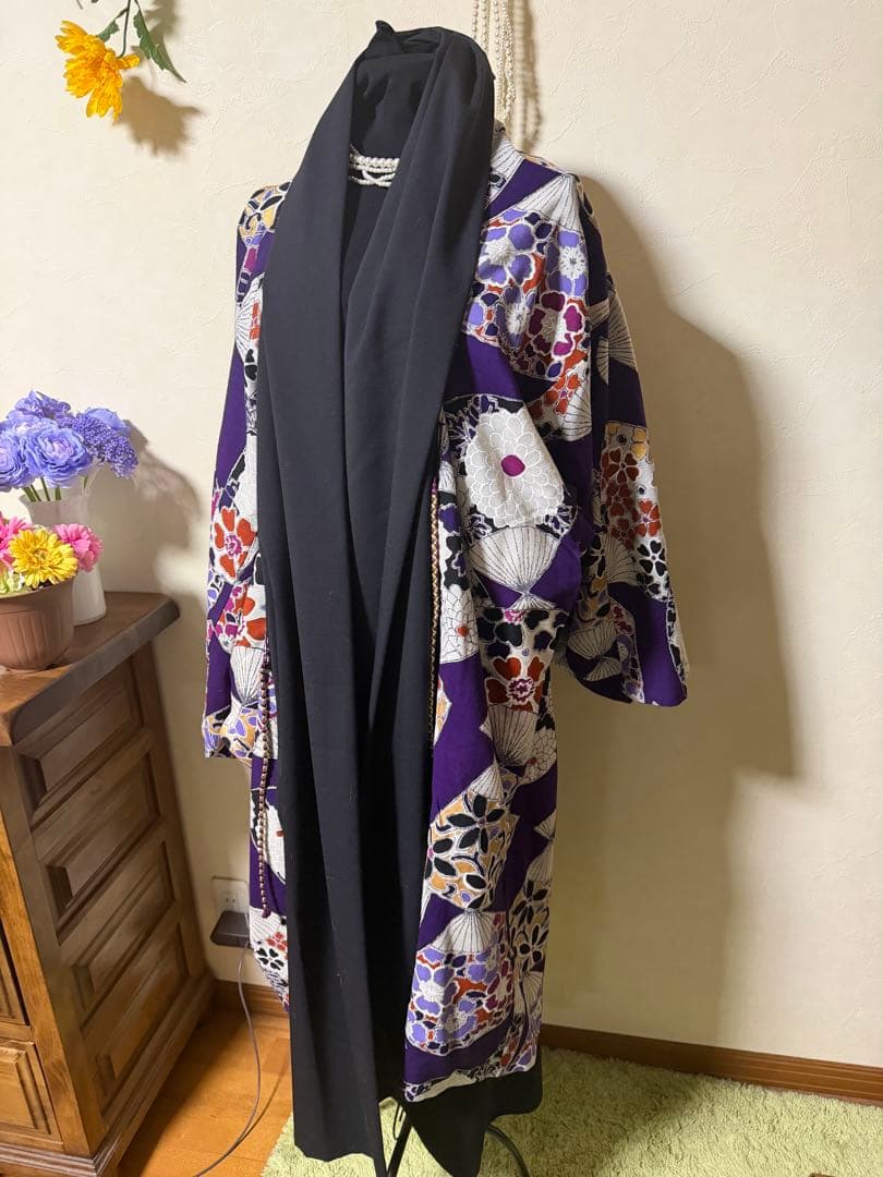 ソウソウ　羽織コート　梳毛×モスリン もじり袖 可逆　濡羽色×扇　着物みたい