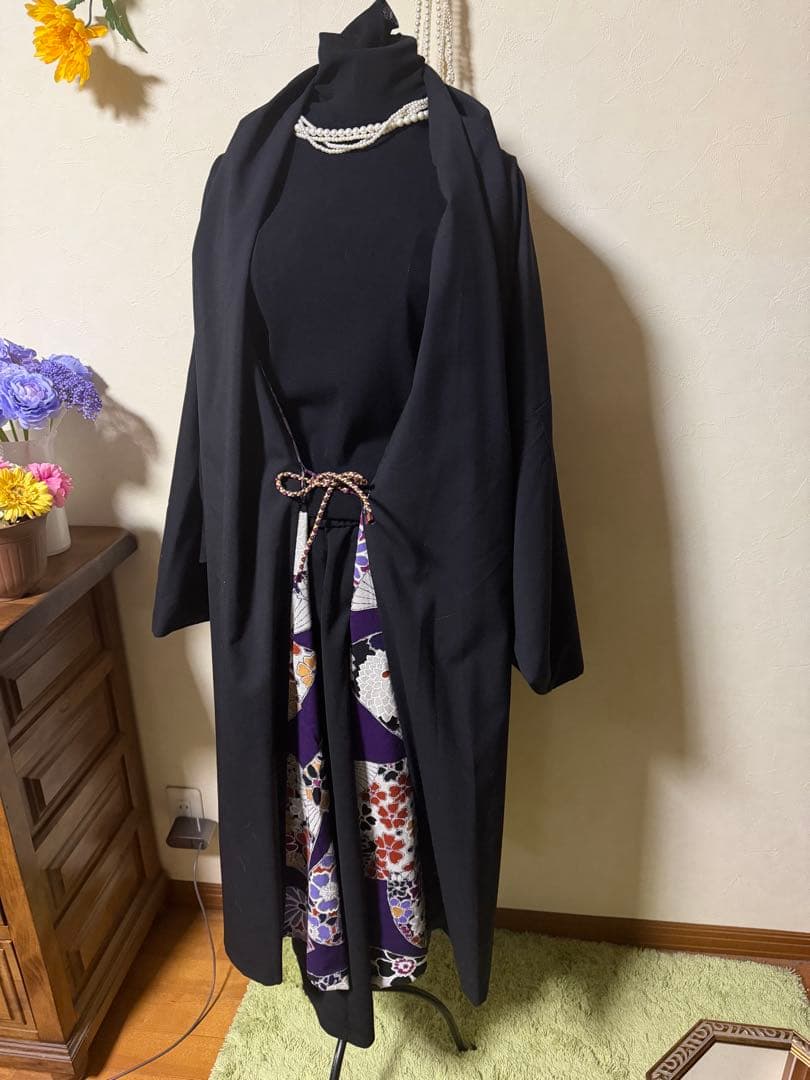 ソウソウ　羽織コート　梳毛×モスリン もじり袖 可逆　濡羽色×扇　着物みたい