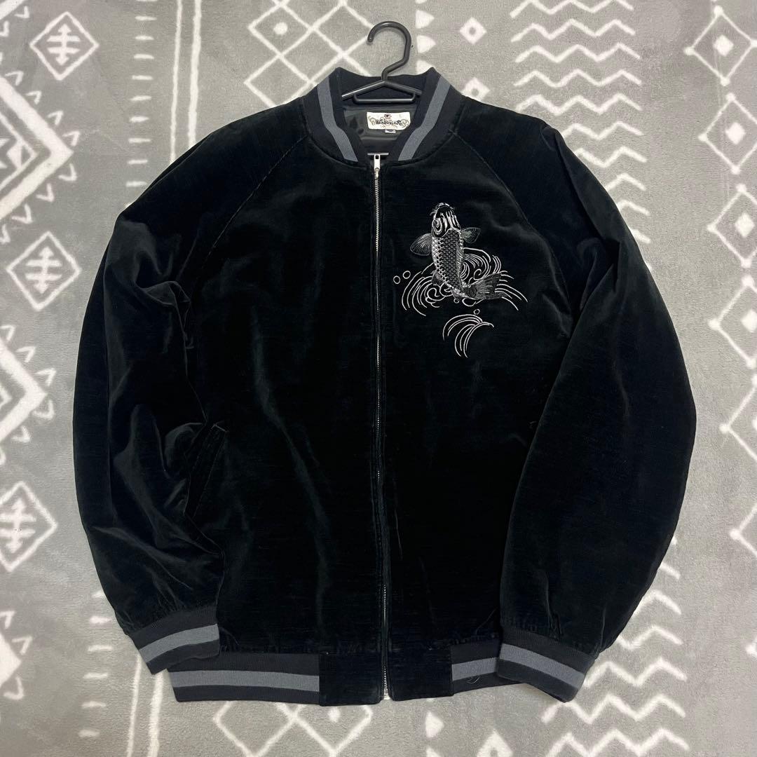 希少　絡繰魂 カラクリダマシイ 登り鯉 刺繍 スカジャン ベロア ブラック XL