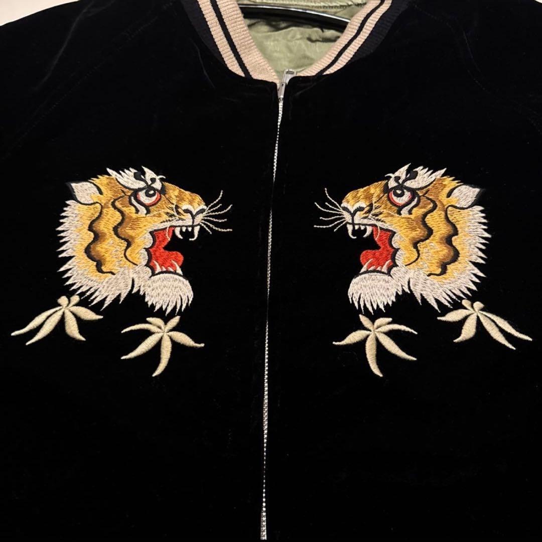 【ゆう】リバーシブル別珍虎とサテン鷹刺繍 Japanスカジャン XL