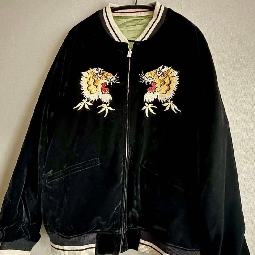 【ゆう】リバーシブル別珍虎とサテン鷹刺繍 Japanスカジャン XL