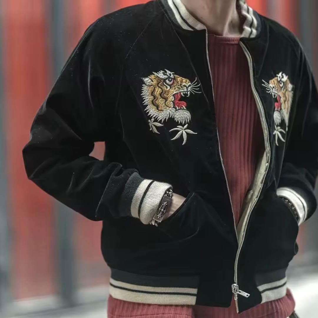 【ゆう】リバーシブル別珍虎とサテン鷹刺繍 Japanスカジャン XL