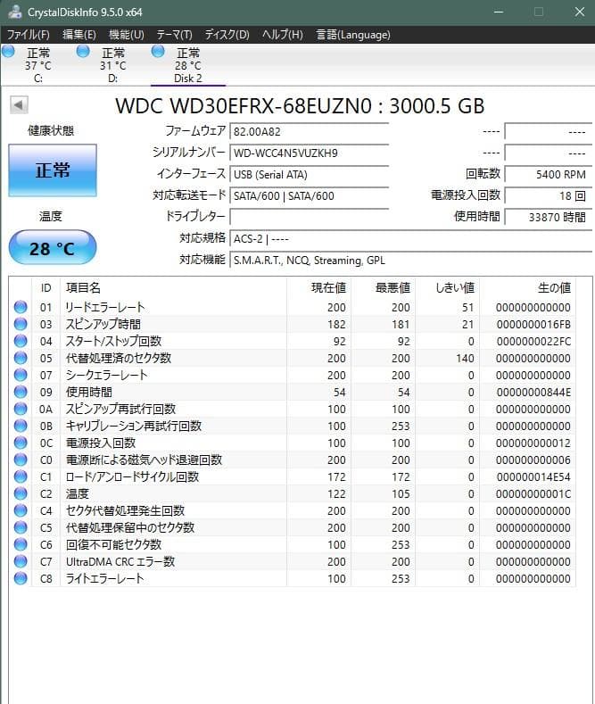 2台 WD Red 3TB I・O DATA NAS WD30EFRX　OS入り