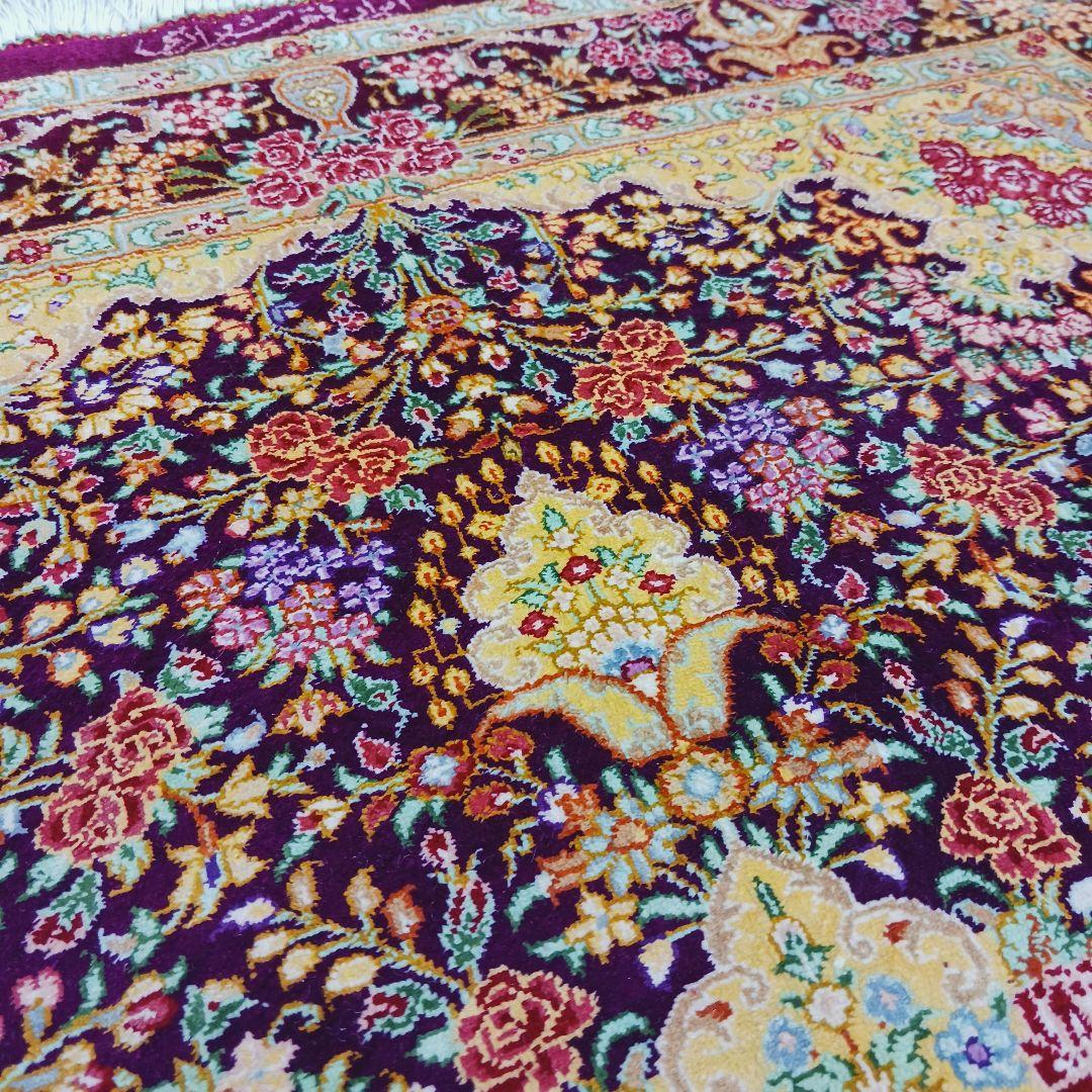 Y3257 高級ペルシャ絨毯 クム産 シラジ工房 シルク 手織り 工房サイン