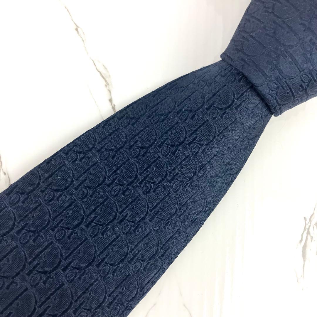 未使用級　クリスチャンディオール　ネクタイ　トロッター柄　ソリッド　ネイビー