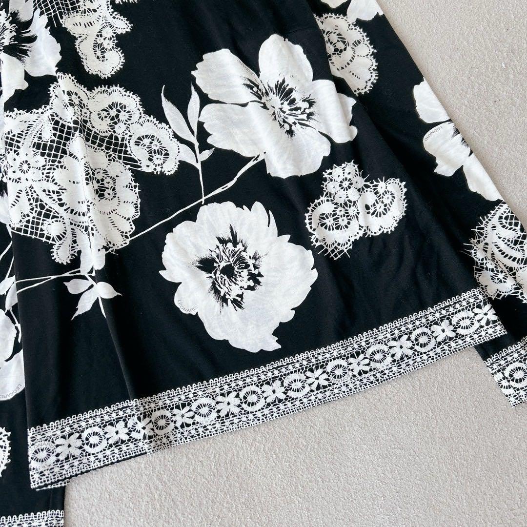 美品✨ LEONALD レオナール　ブラウス　長袖　花柄　トリム　黒×白　M