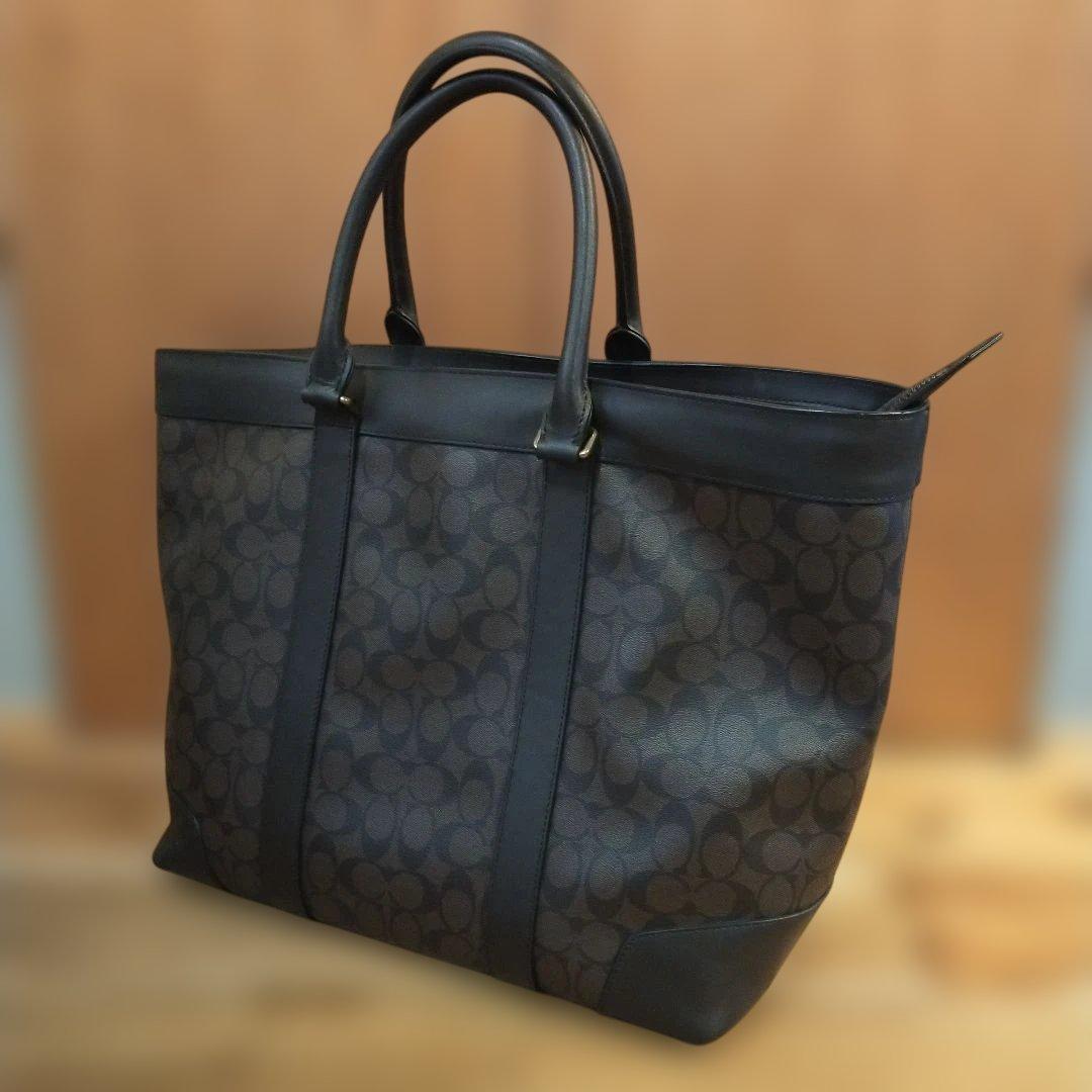 美品 COACH 70853シグネチャービッグサイズトートバッグ ダークブラウン