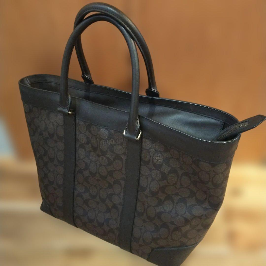 美品 COACH 70853シグネチャービッグサイズトートバッグ ダークブラウン
