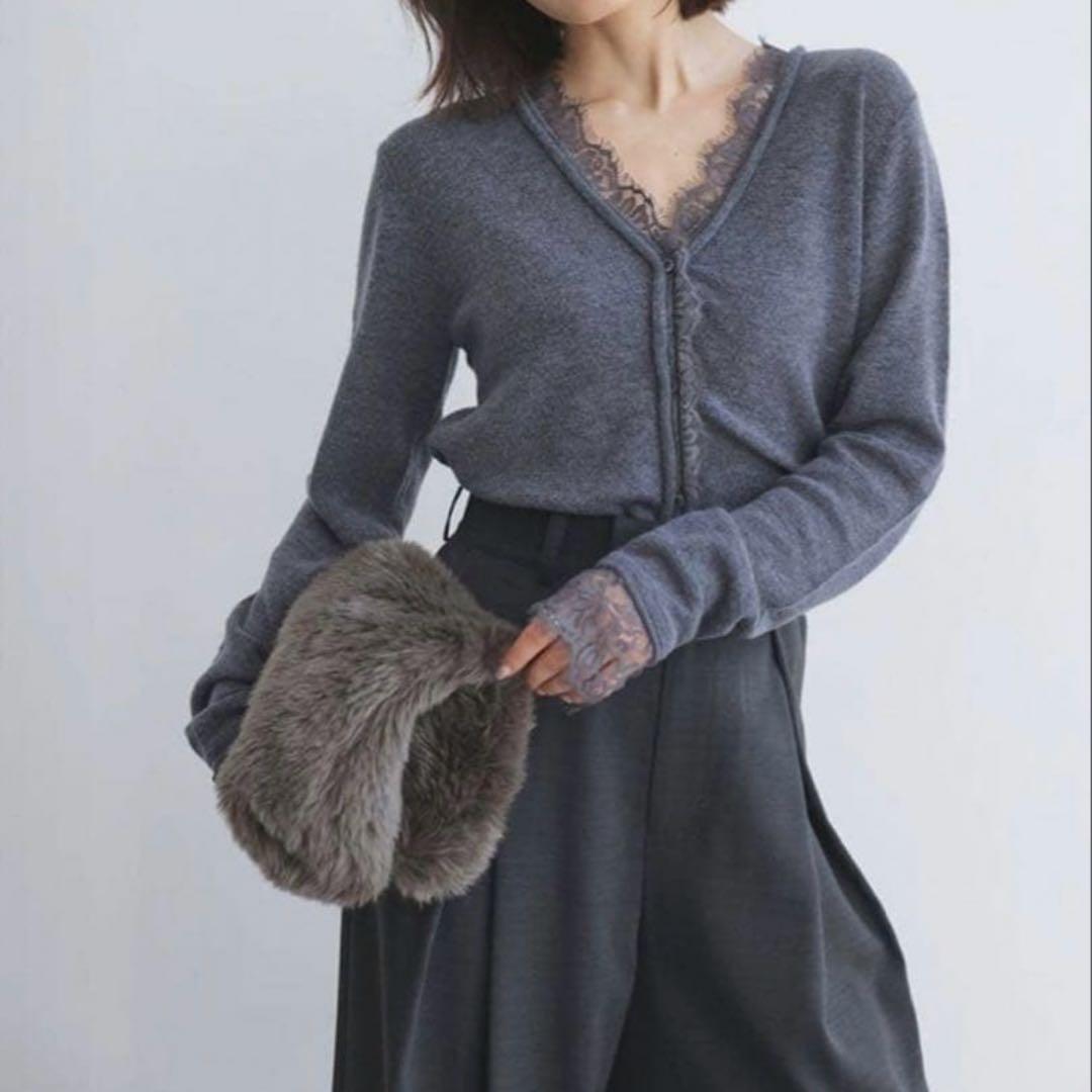 anuans アニュアンスアイラッシュレーストリミングニットカーディガン　グレー