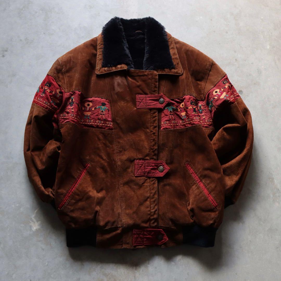 90s ブラウン レザースエードジャケット 刺繍　ファー襟 キルティング