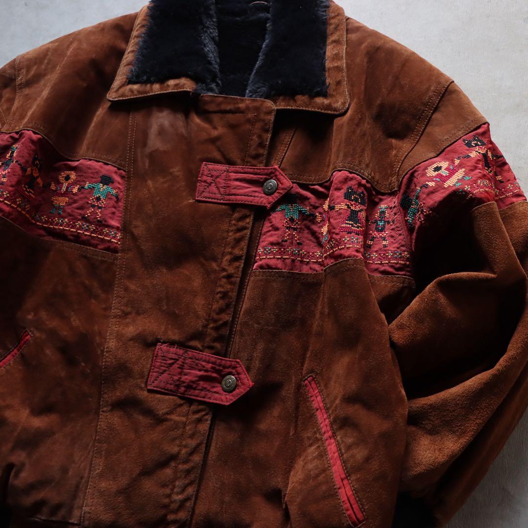 90s ブラウン レザースエードジャケット 刺繍　ファー襟 キルティング