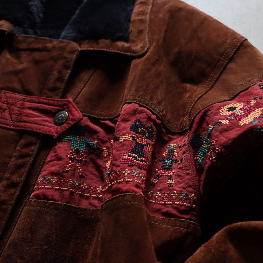 90s ブラウン レザースエードジャケット 刺繍　ファー襟 キルティング
