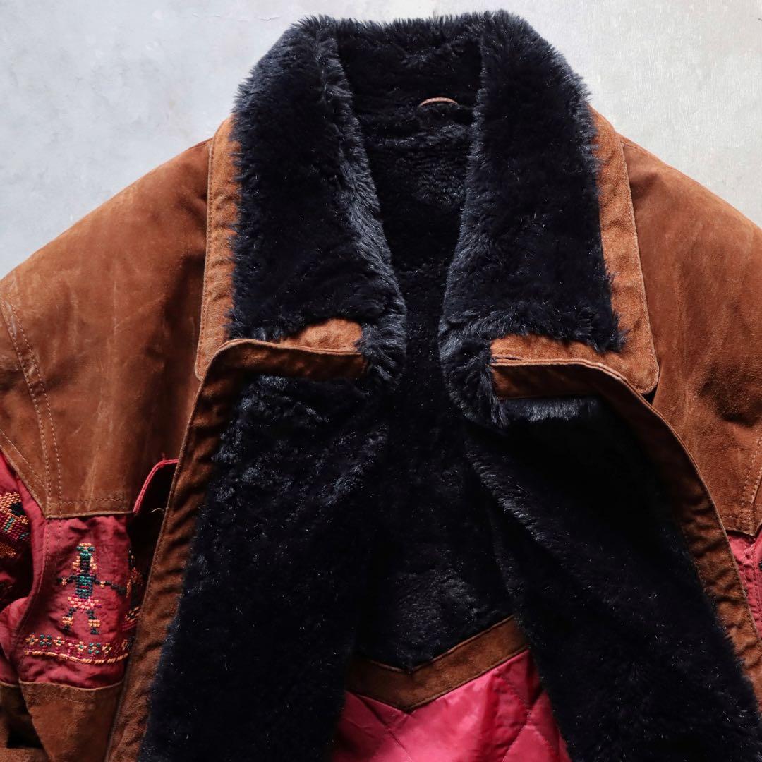 90s ブラウン レザースエードジャケット 刺繍　ファー襟 キルティング
