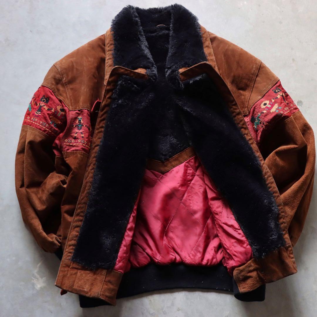 90s ブラウン レザースエードジャケット 刺繍　ファー襟 キルティング