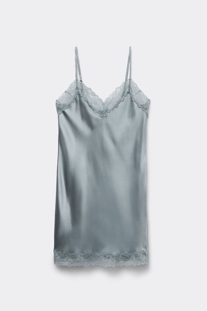 新品 intimissimi レース付き シルク スリップ アッシュブルー