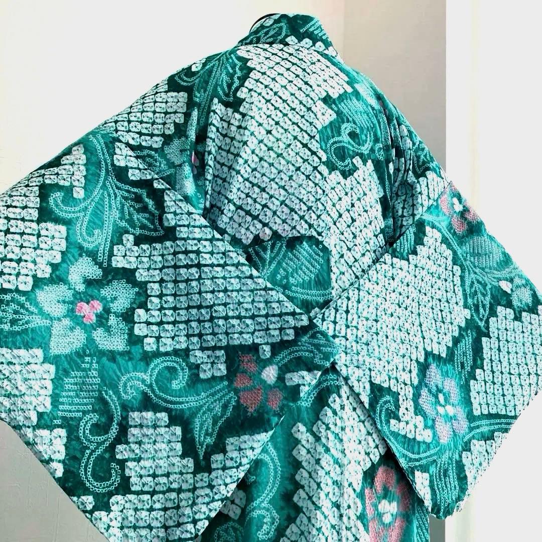 専用なまやつはし様　有松絞り浴衣　蜘蛛絞り　グリーン　花繋ぎ　手縫No.7-12