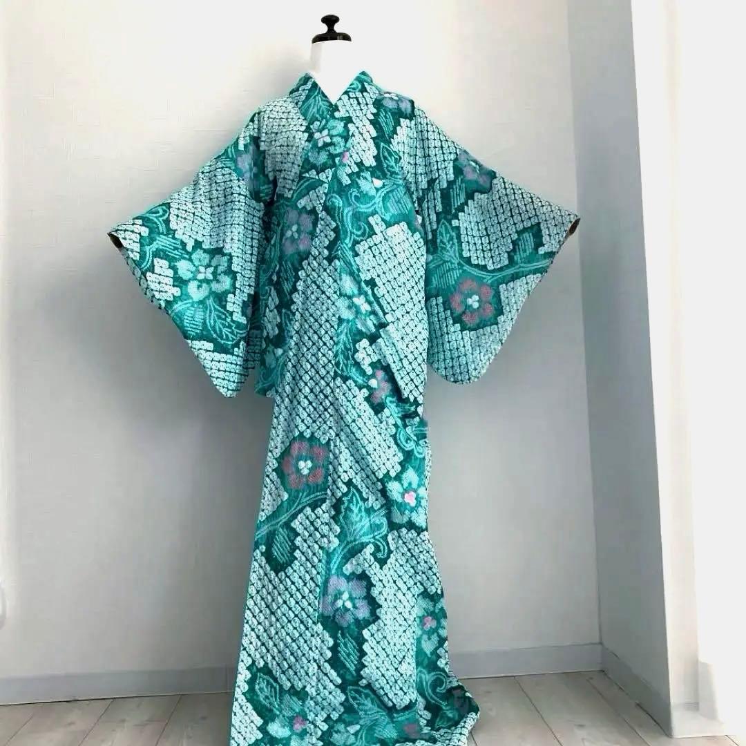 専用なまやつはし様　有松絞り浴衣　蜘蛛絞り　グリーン　花繋ぎ　手縫No.7-12