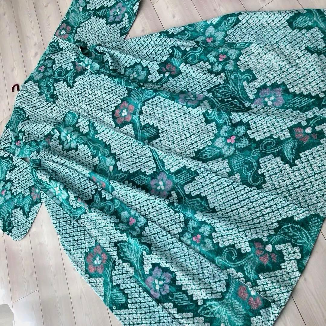 専用なまやつはし様　有松絞り浴衣　蜘蛛絞り　グリーン　花繋ぎ　手縫No.7-12