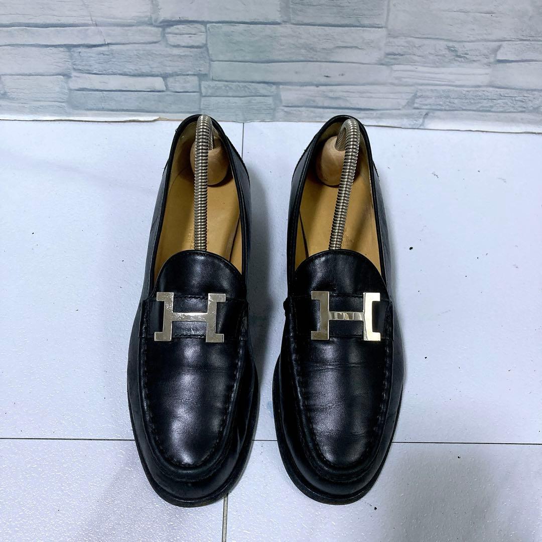 高級 HERMES エルメス モカシンパリ ローファー 黒 シルバー 23.5