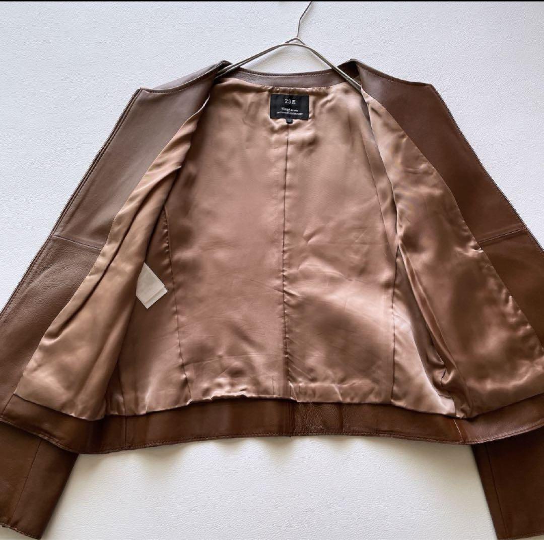 【美品】23区 レザージャケット シープレザー ノーカラージャケット 羊革 40