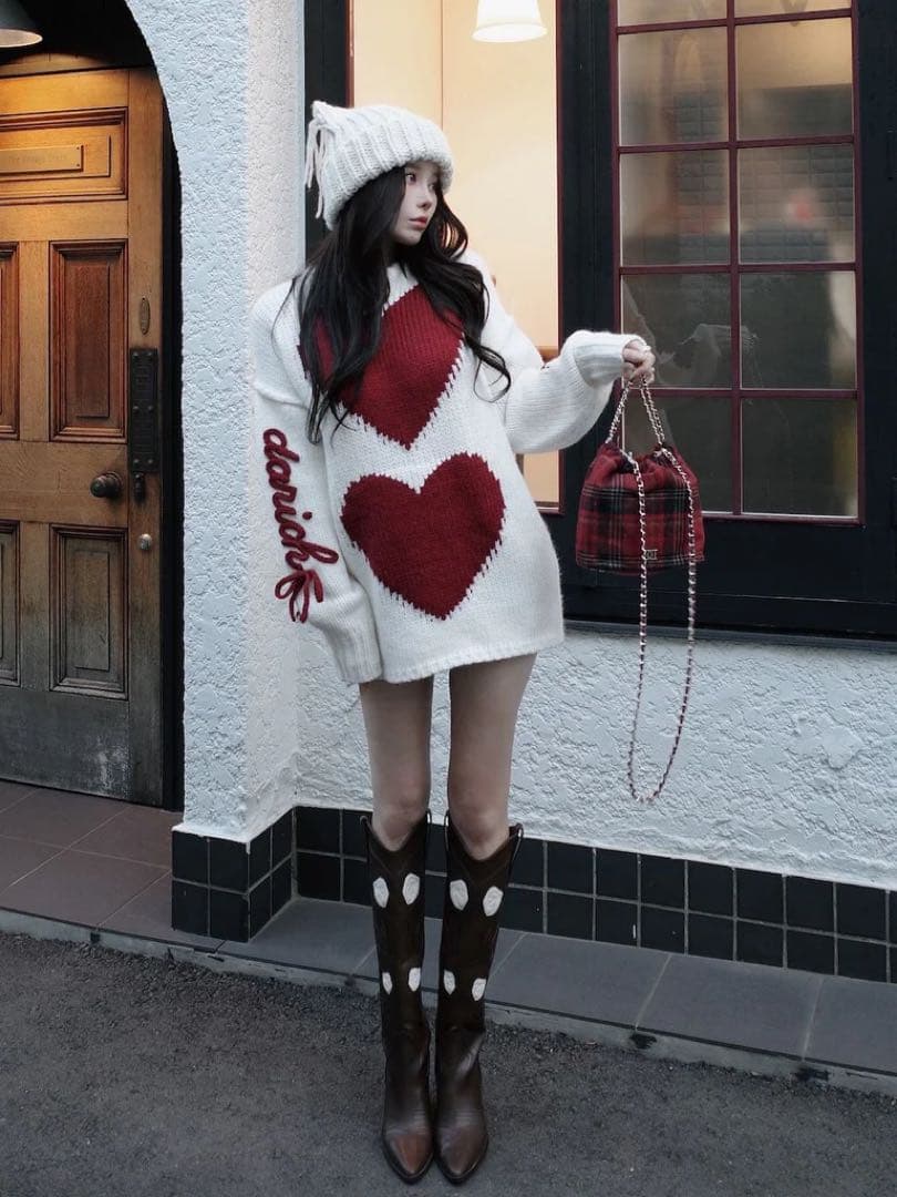 新品タグ付 ダーリッチ ハートロゴローゲージニットチュニック フリー アイボリー