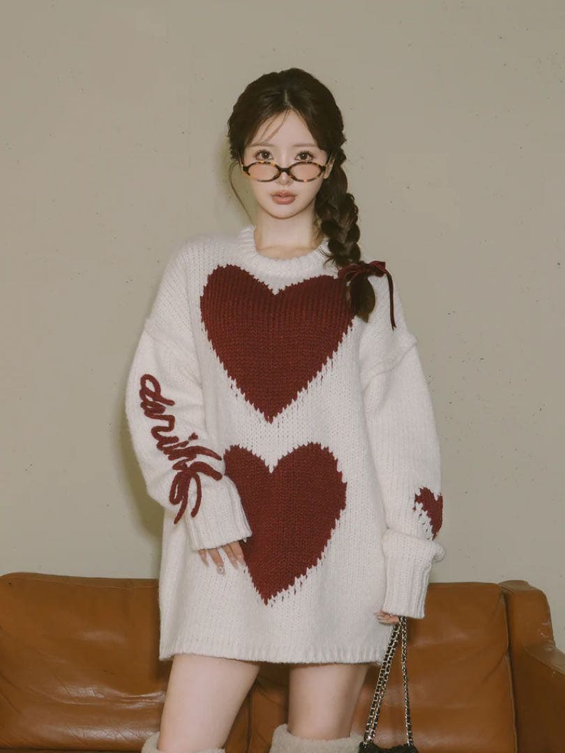 新品タグ付 ダーリッチ ハートロゴローゲージニットチュニック フリー アイボリー