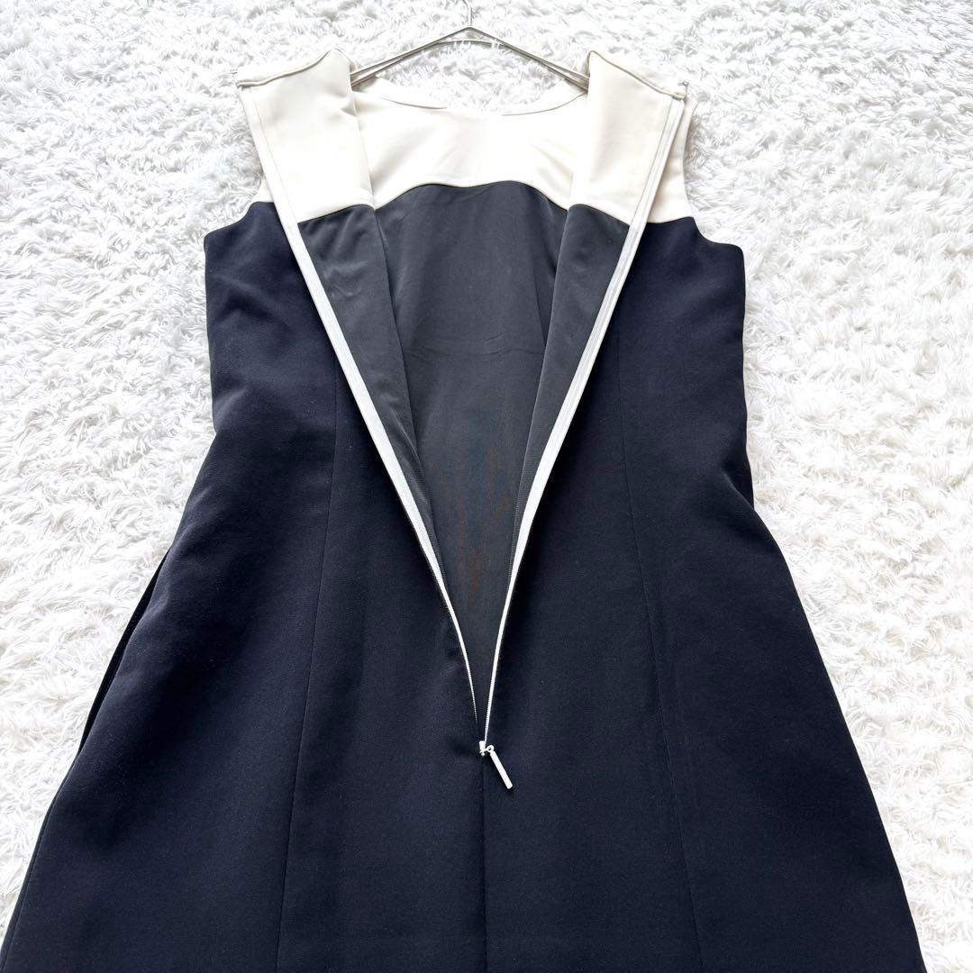 美品✨ルネ バイカラー ノースリーブ ボウタイ ワンピース フレア 白 黒 34