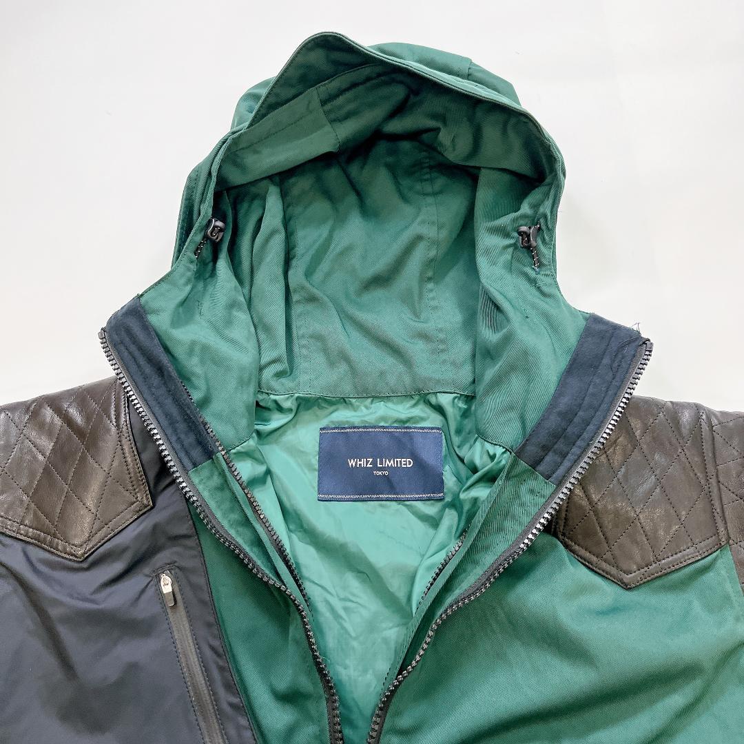 美品 WHIZ LIMITED マウンテンパーカー レザー切り替え 緑×黒 L