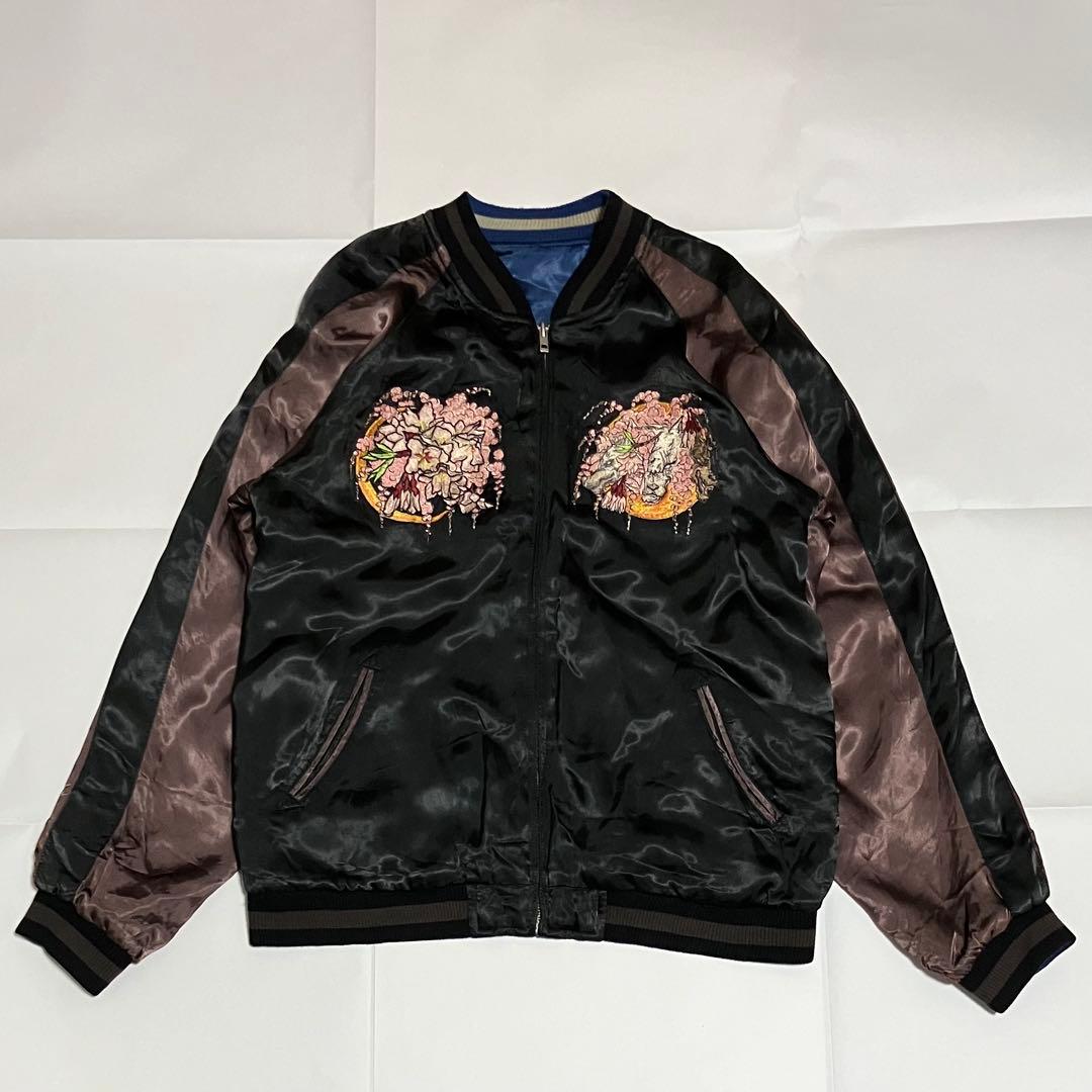 【希少】satori　サトリ　スカジャン　リバーシブル　レーヨン　狼　熊　刺繍