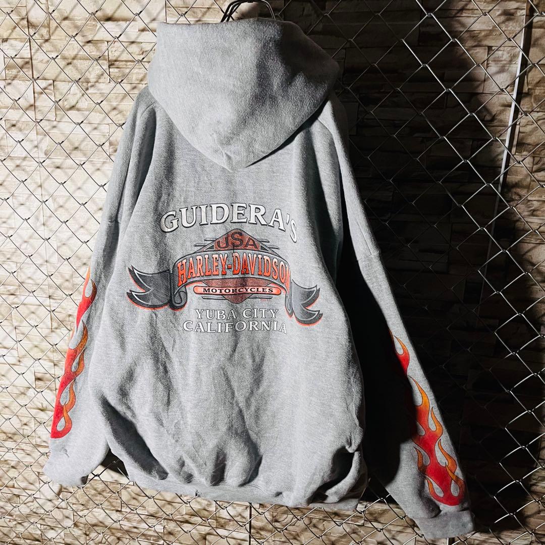【00sビンテージ】ハーレーダビッドソン　袖ファイヤー　フルジップ　パーカー