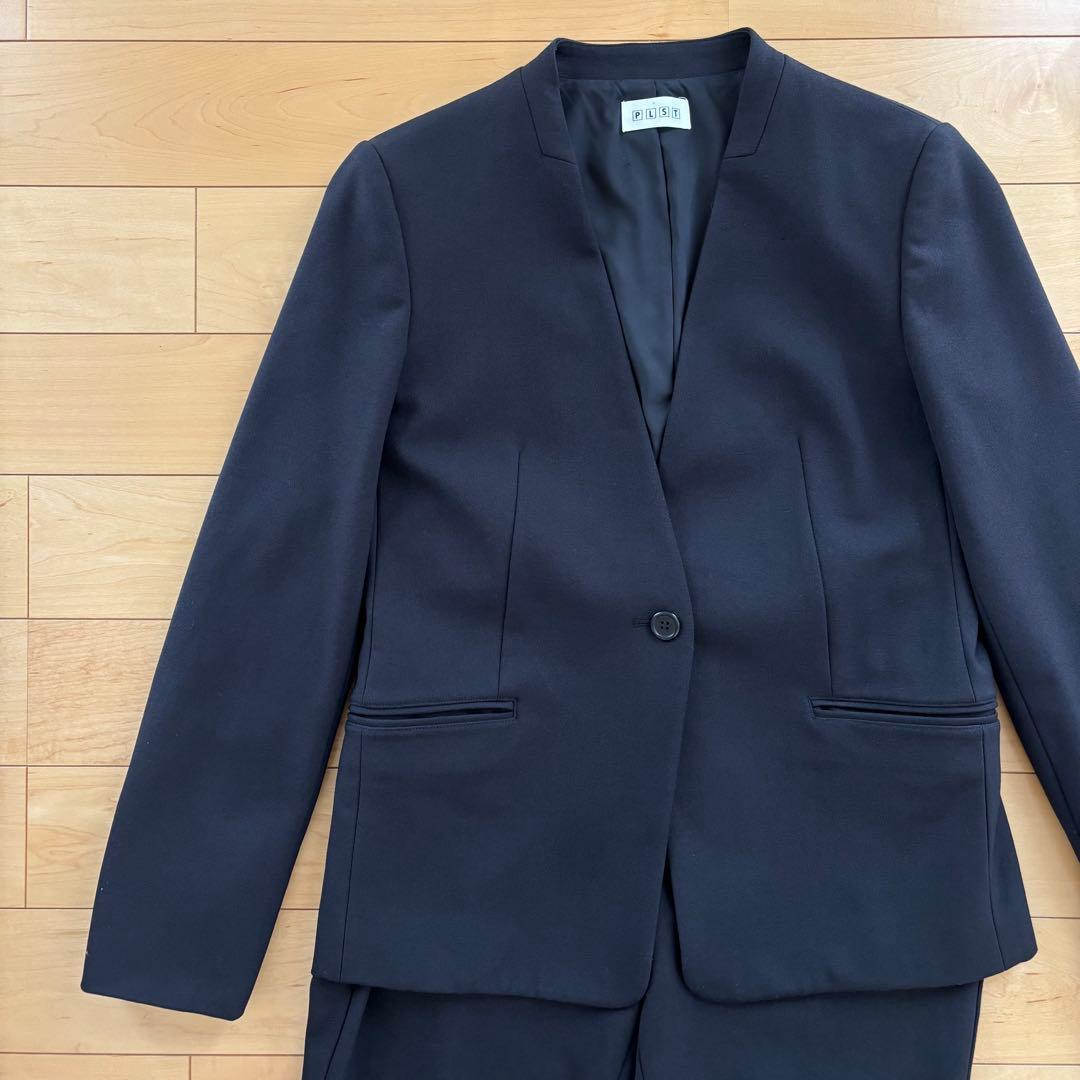 美品 PLST プラステ ノーカラー セットアップ スーツ ブラック 1ボタン