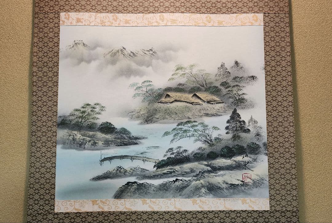 水墨画 掛軸 風景画 九谷焼 タッセル セット 青粒 渦打青粒金唐草