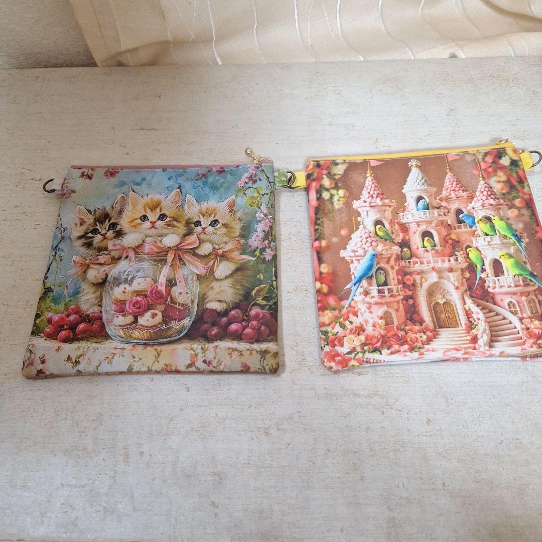 激レアパネル生地　ハンドメイド　フラットポーチDカン付き