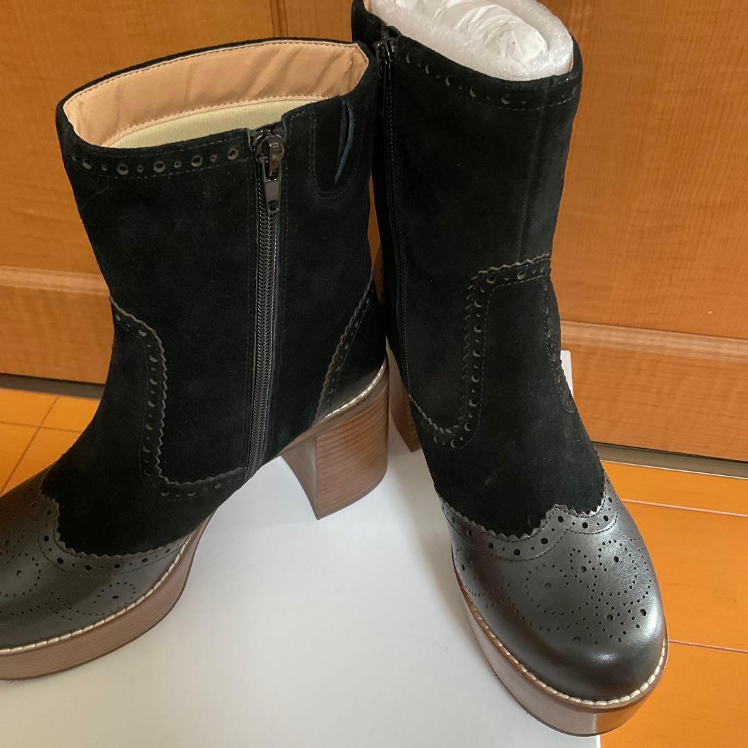 新品未使用 あしながおじさん 黒 スエード ブローグデザイン ブーツ