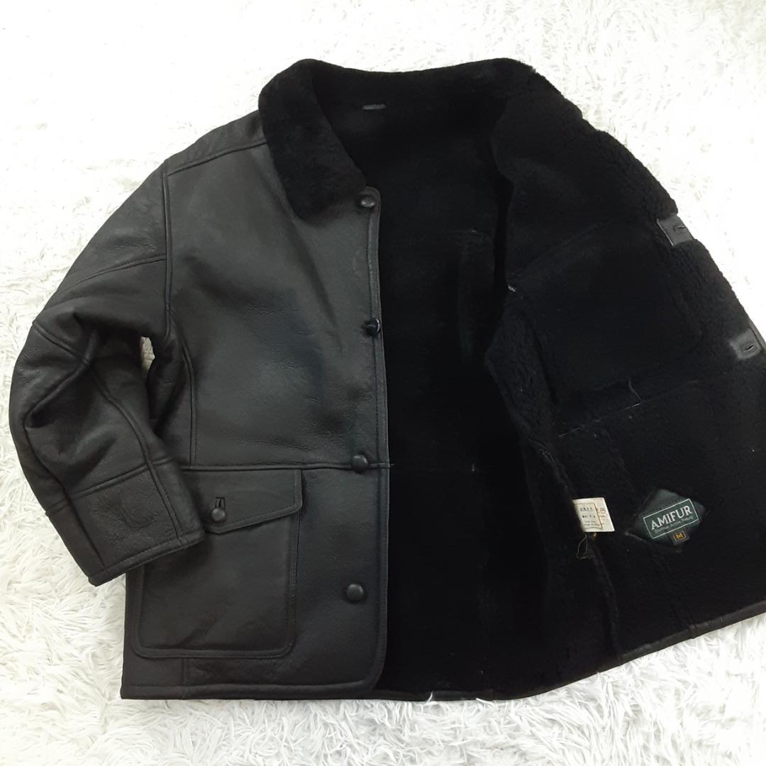 美品80~90s◎AMIFUR ムートンジャケット ブラック 黒 M(XL相当)