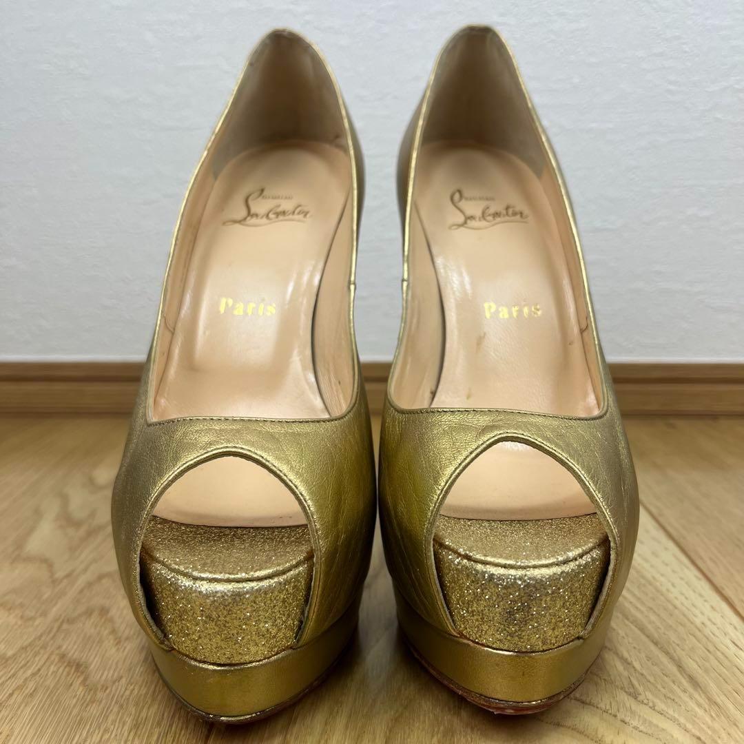 クリスチャンルブタン ゴールド オープントゥ ハイヒール EU37 24cm