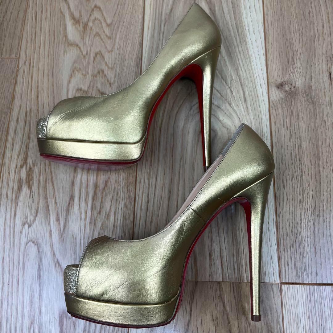 クリスチャンルブタン ゴールド オープントゥ ハイヒール EU37 24cm