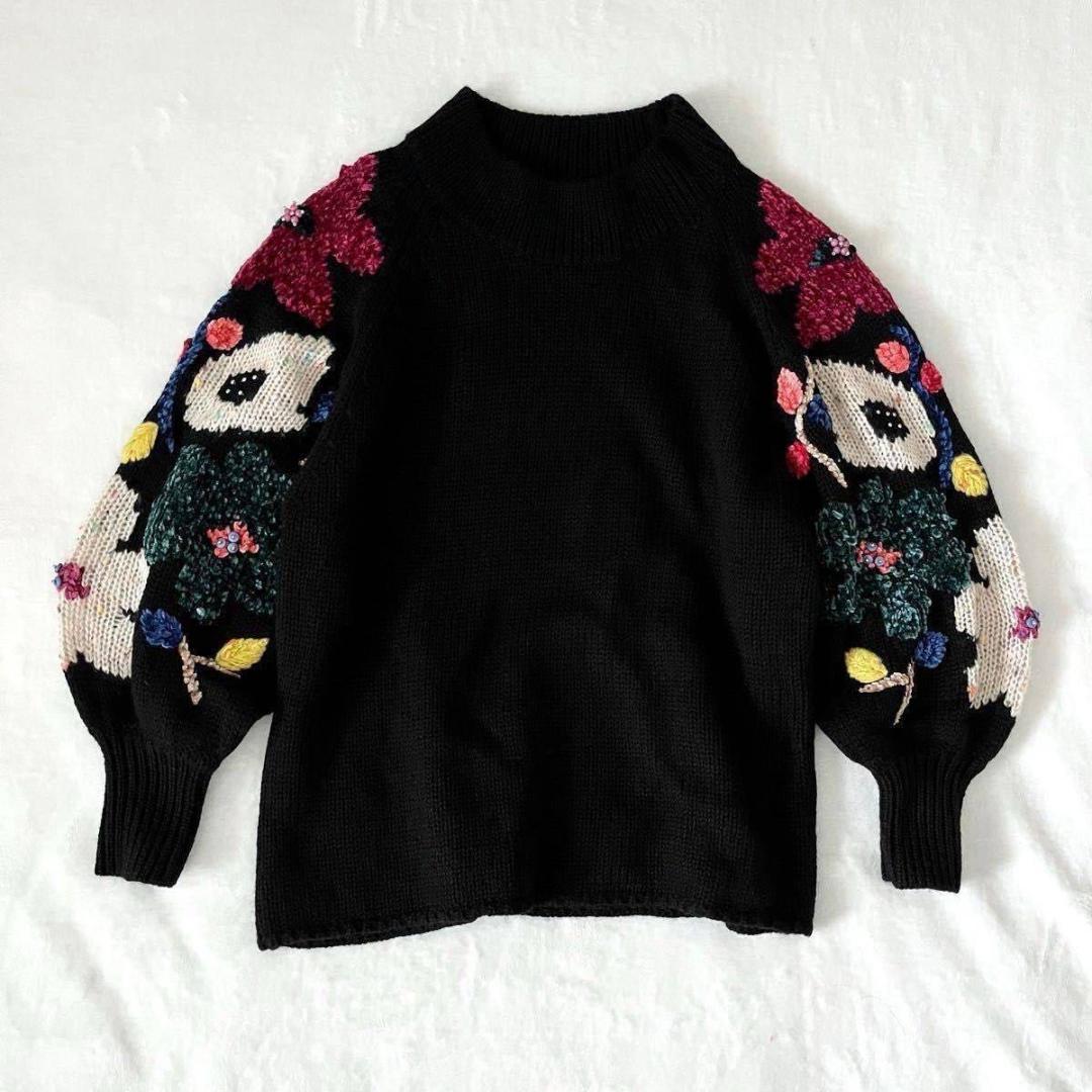BEARDSLEY 花ジャガードニット　ブラック　ビアズリー　ビーズ　長袖　黒