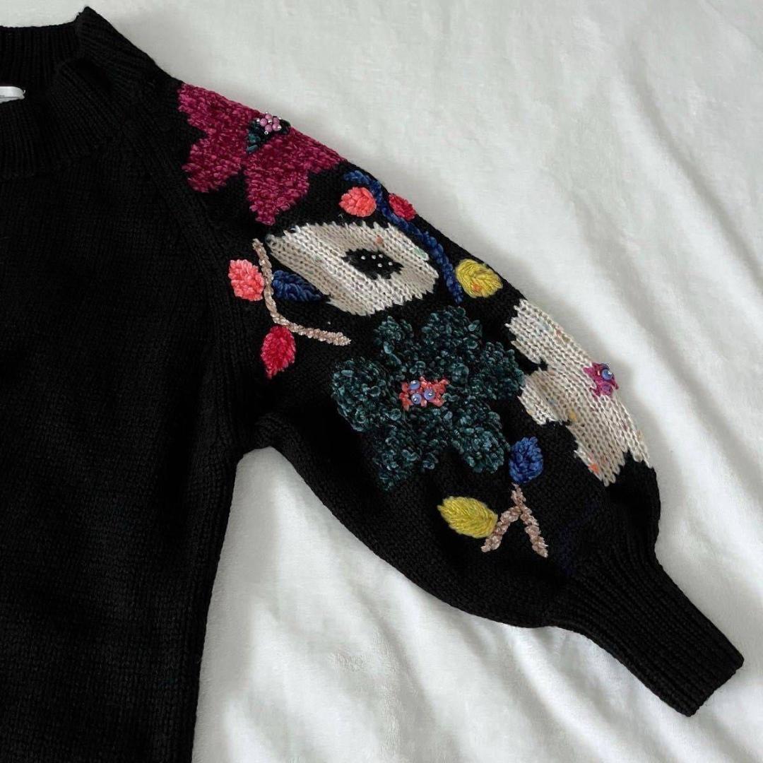 BEARDSLEY 花ジャガードニット　ブラック　ビアズリー　ビーズ　長袖　黒