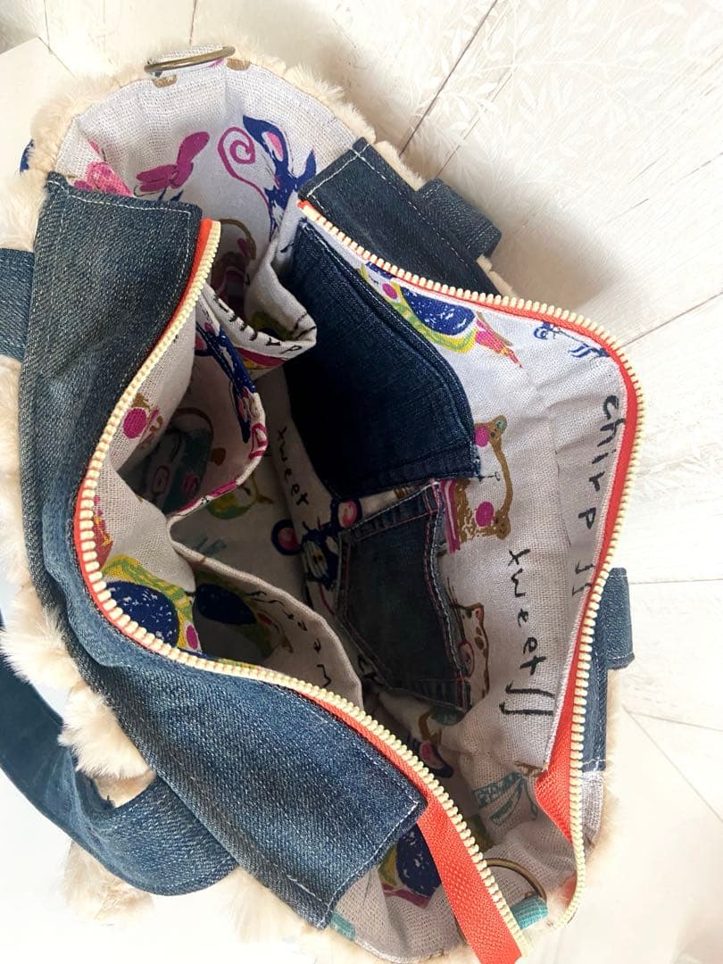 デニムリメイクバック　ポップコーンふわもこ　ワッペンくま