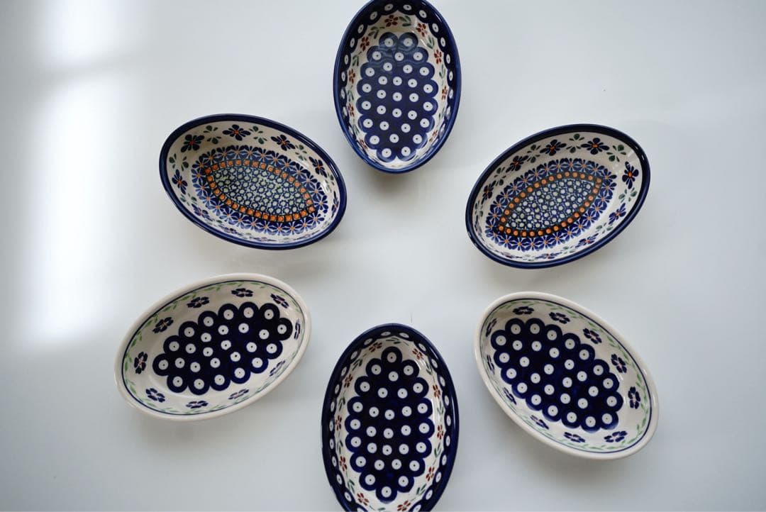 ポーリッシュポタリーオーブン皿・オーバルミニ3柄×２枚　６枚セット