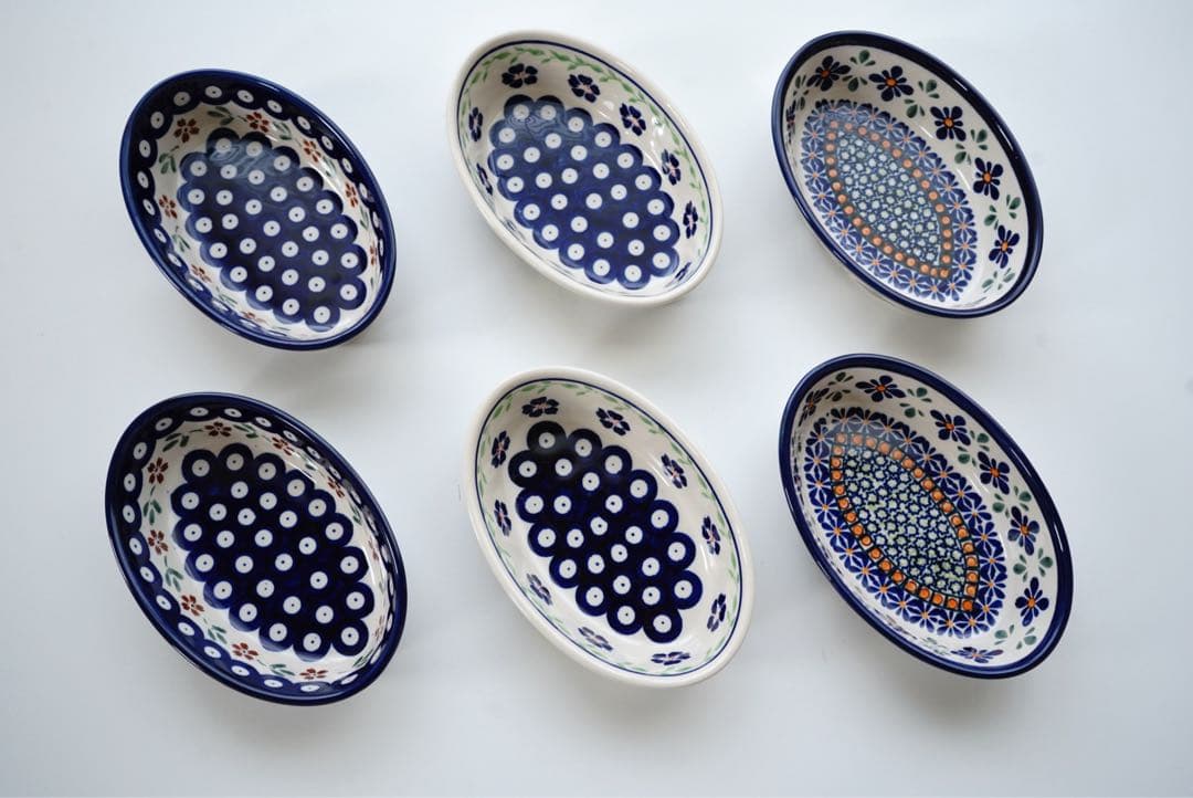 ポーリッシュポタリーオーブン皿・オーバルミニ3柄×２枚　６枚セット