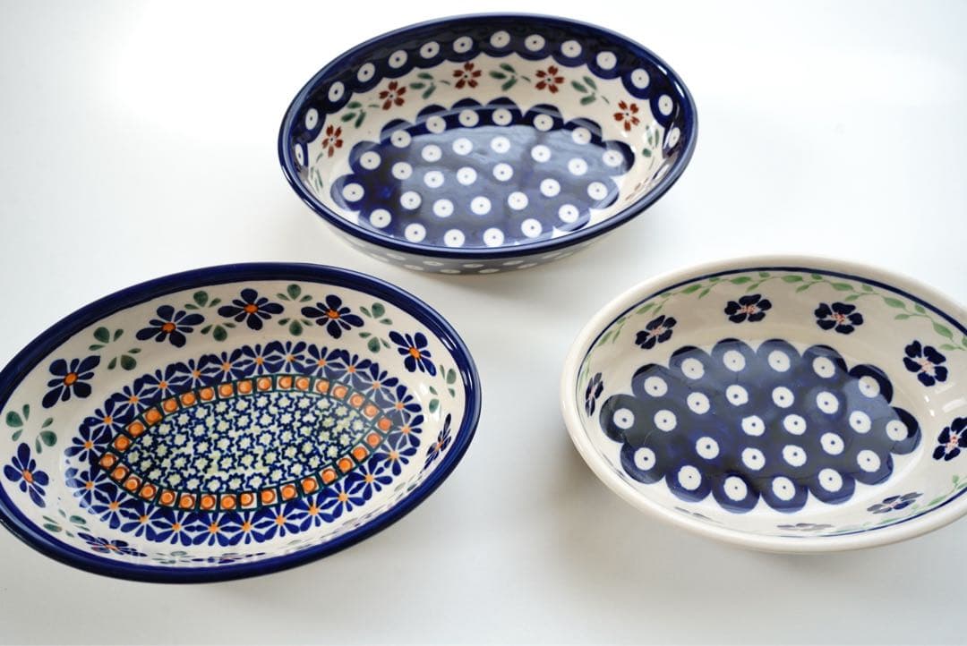 ポーリッシュポタリーオーブン皿・オーバルミニ3柄×２枚　６枚セット