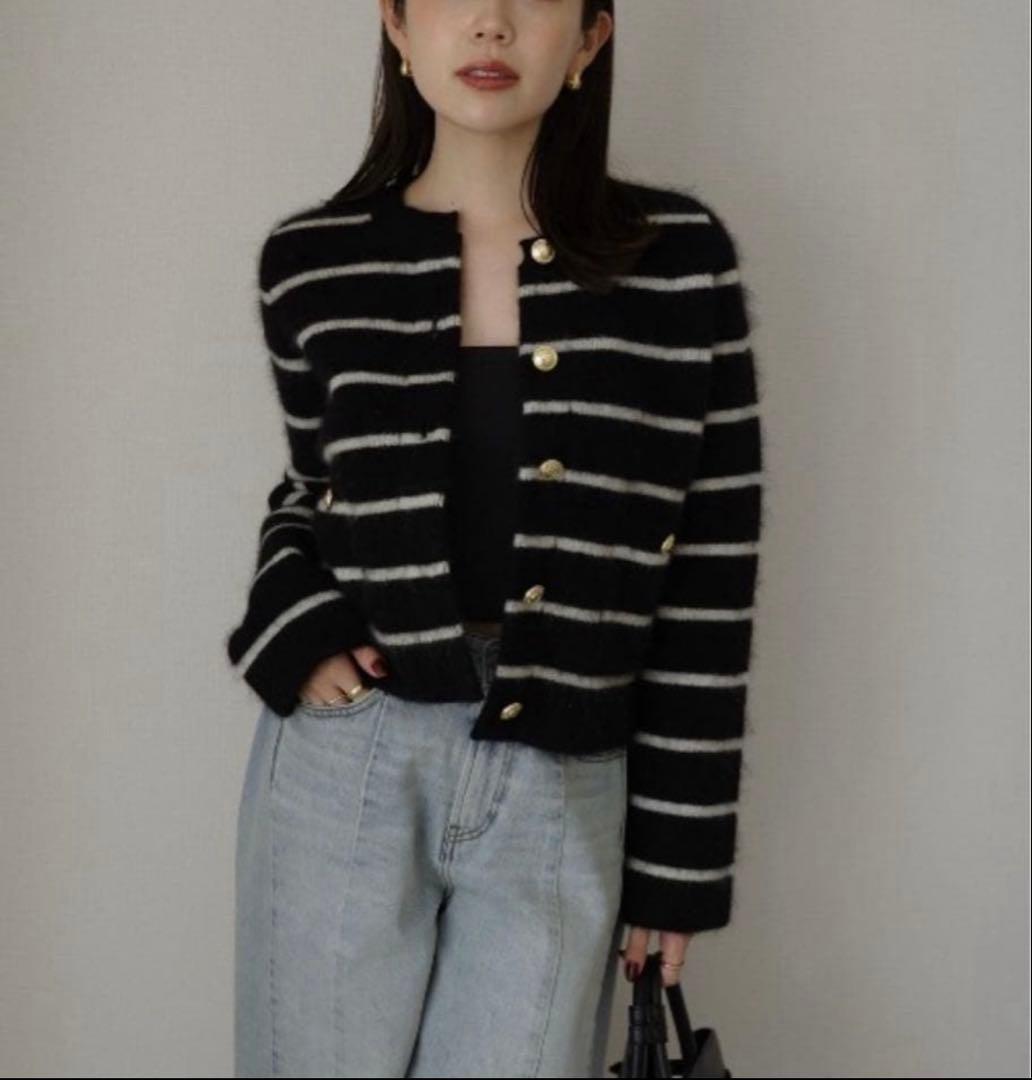 anuans カシミヤブレンドノーカラーニットジャケット　ボーダー